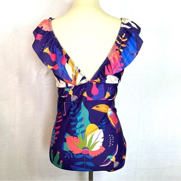 AVERIE RETRO RAYNE ONE PIECE SWIMSUIT RUFFLE TOP TROPICAL PRINT - Picture 5 of 10
